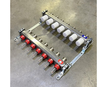 Коллекторная группа 1" Uni-Fitt 450Bнерж. сталь 7 выходов 3/4" с расходомерами и термостатическими вентилями без концевиков