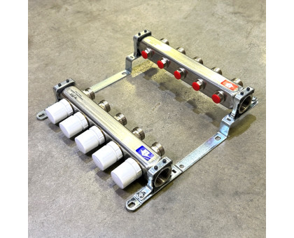 Коллекторная группа 1" Uni-Fitt 451B нерж. сталь с балансировочными и термостатическими вентилями без концевиков 5 выходов 3/4"
