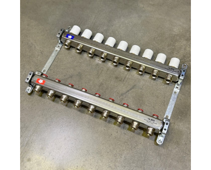 Коллекторная группа 1" Uni-Fitt 451B нерж. сталь с балансировочными и термостатическими вентилями без концевиков 9 выходов 3/4"