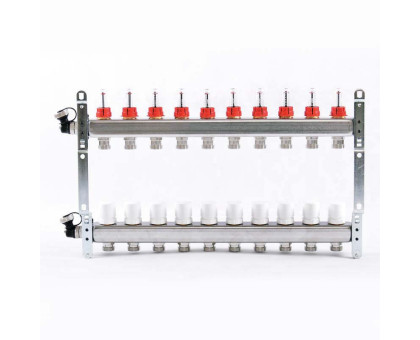 Коллекторная группа из нержавеющей стали с термостатическими вентилями и расходомерами UNI-FITT 1"x3/4"ЕК 10 выходов