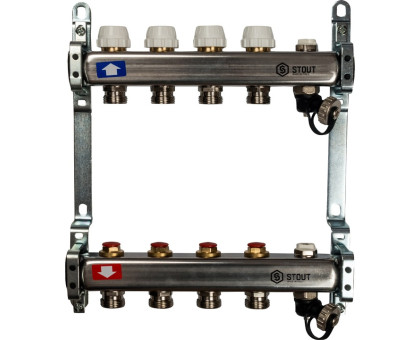 Коллектор из нержавеющей стали Stout без расходомеров, с клапаном вып. воздуха и сливом 4 вых. (SMS-0932-000004)