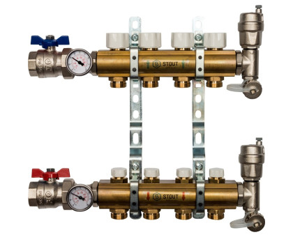 Распределительный коллектор Stout из латуни без расходомеров 4 вых. (SMB-0468-000004)